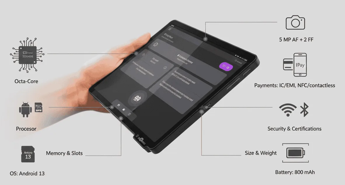 Compact Android 13 POS device for Host Merchant Services with secure payment processing and versatile features.