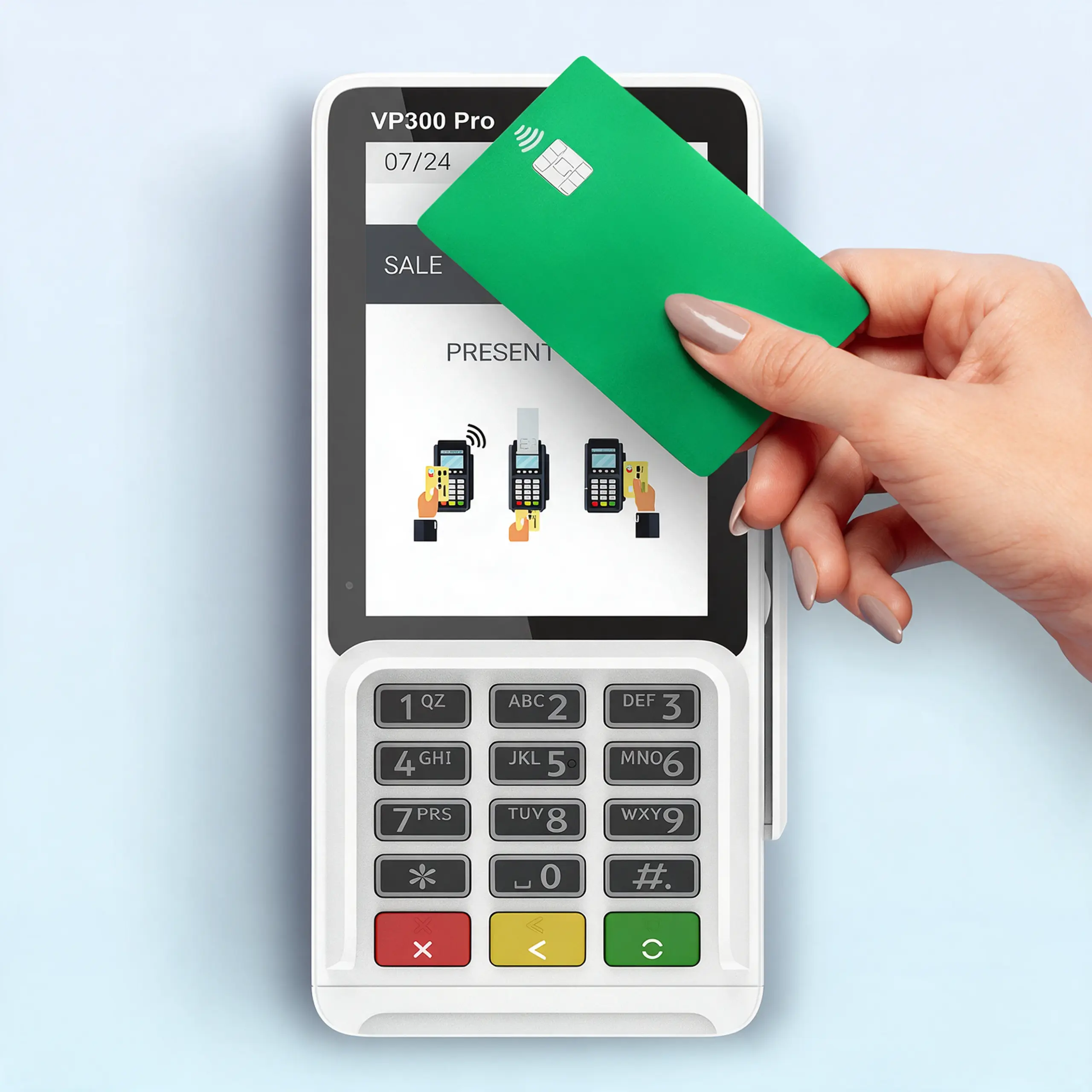 Valor VP300 Pro PIN Pad with customer presenting a card for quick transaction voids and refund processing