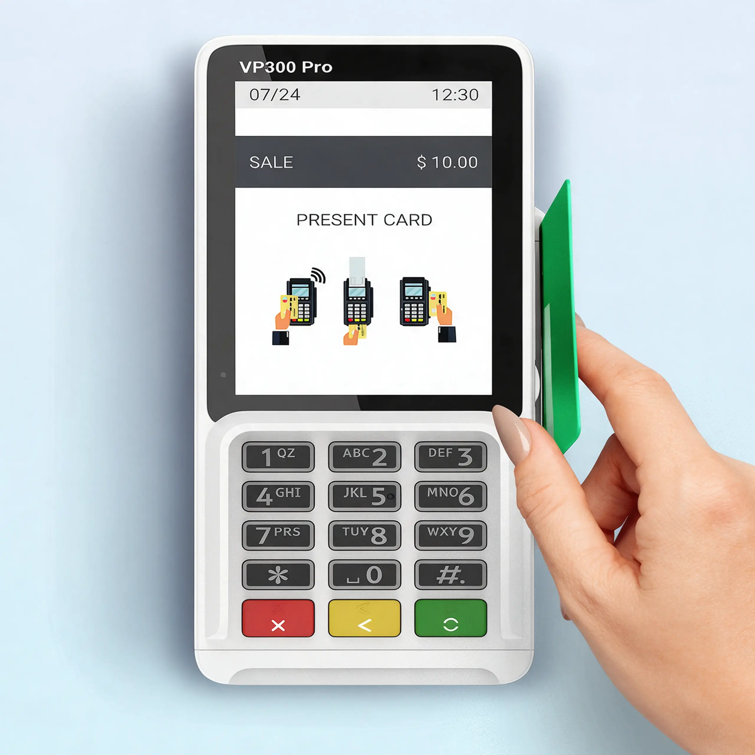 Valor VP300 Pro PIN Pad with customer presenting a card for fast and secure credit or debit payment