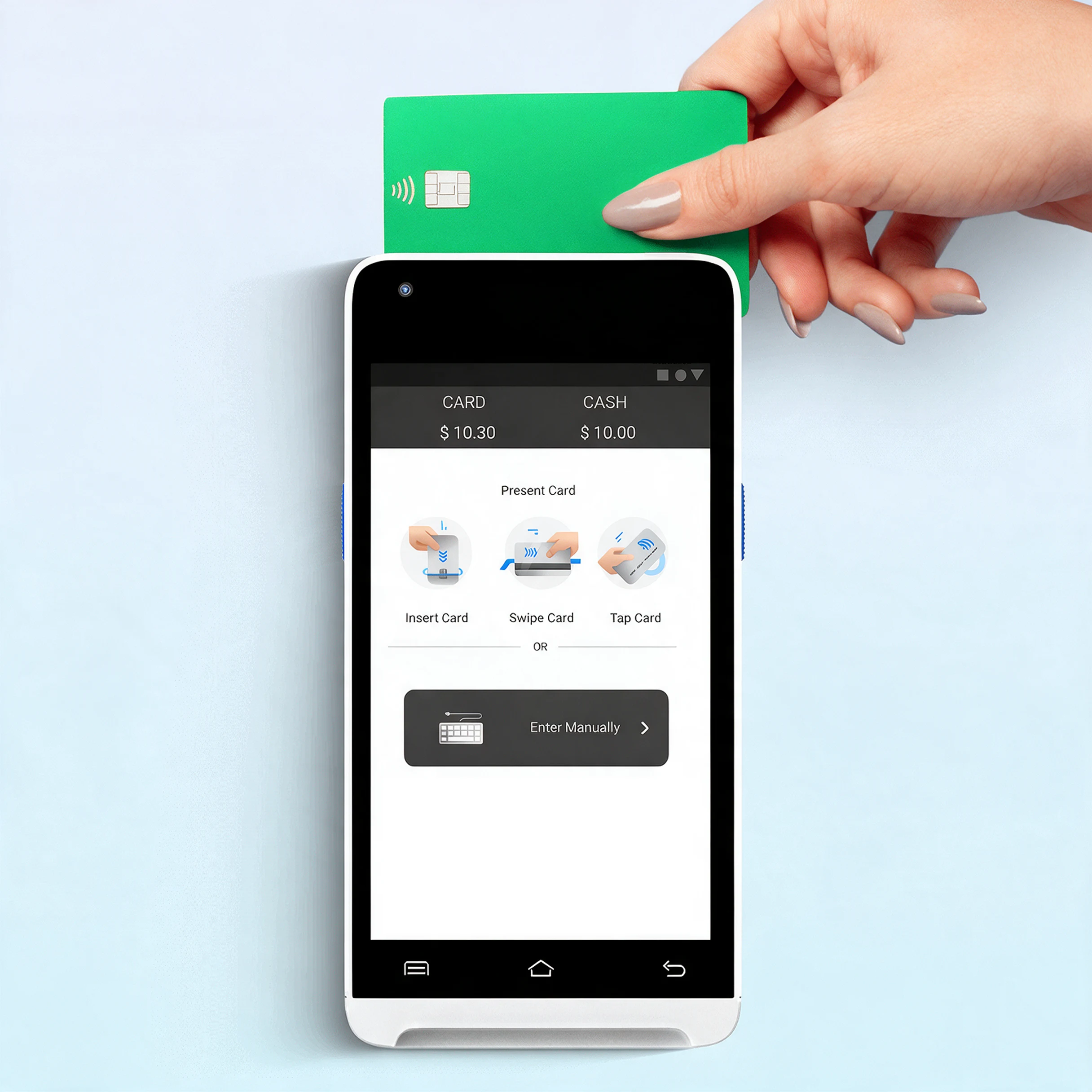 Valor VP550E POS terminal with contactless card showing pre-authorization and ticket payment processing options