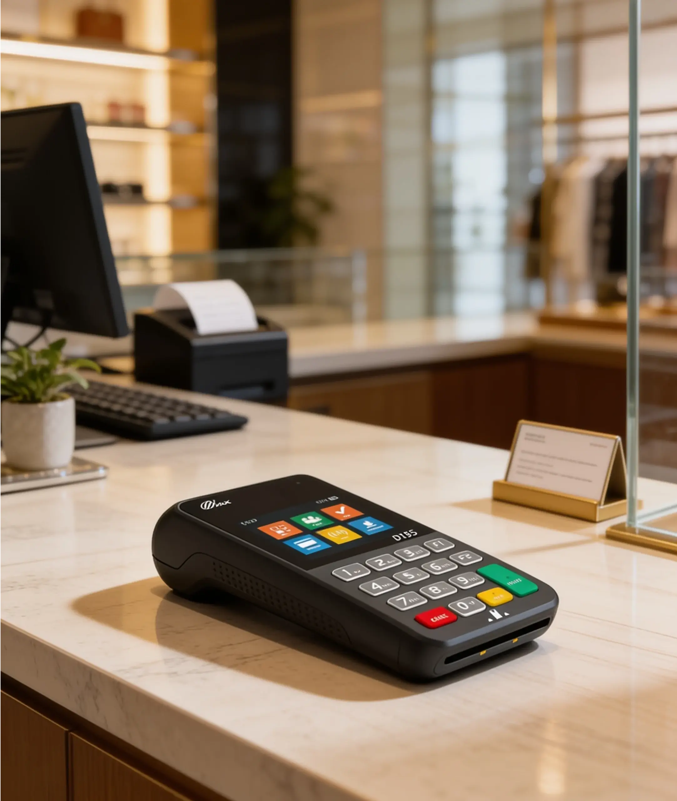 PAX D195 payment terminal positioned at a retail checkout counter for convenient in-person payment processing