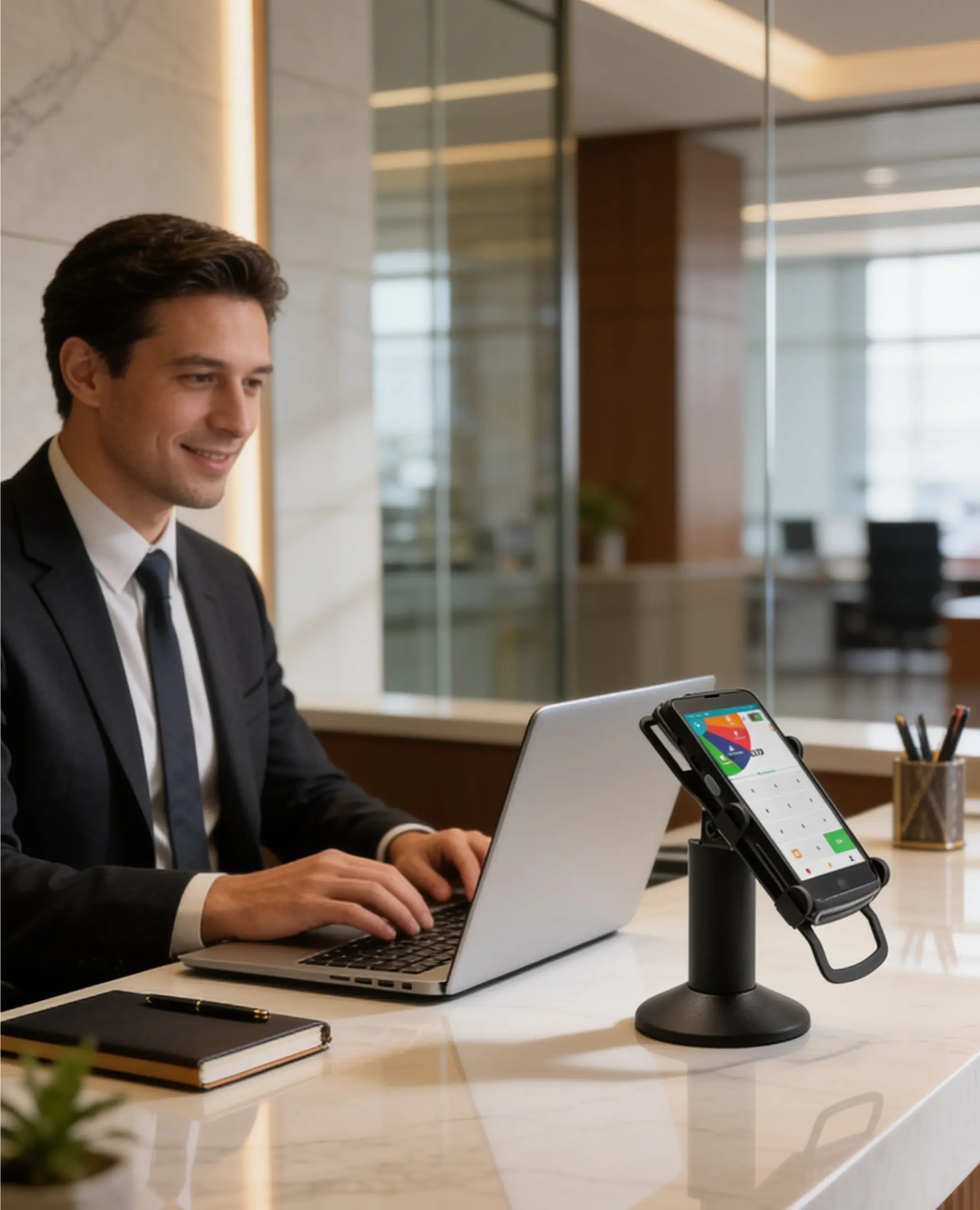 Business professional using a laptop beside a Dejavoo P5 Android mPOS terminal mounted on a countertop stand