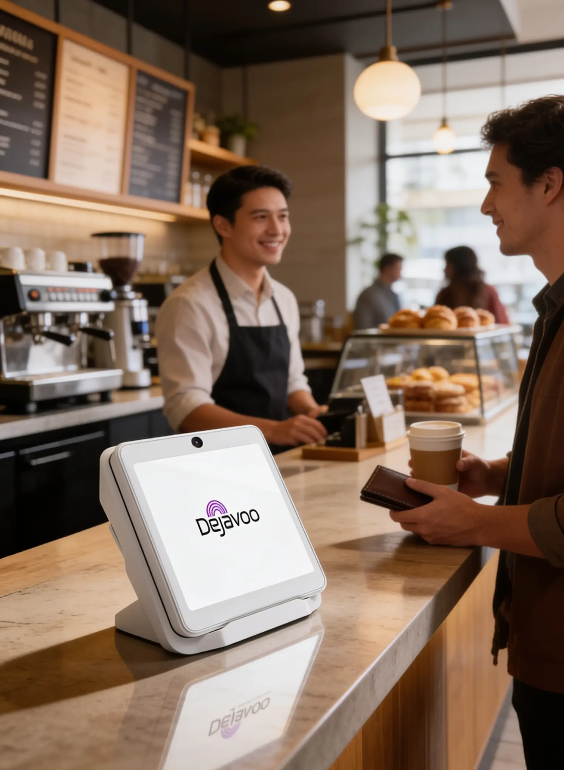 Dejavoo P12 mobile payment terminal positioned at a cafe counter for secure customer payment processing