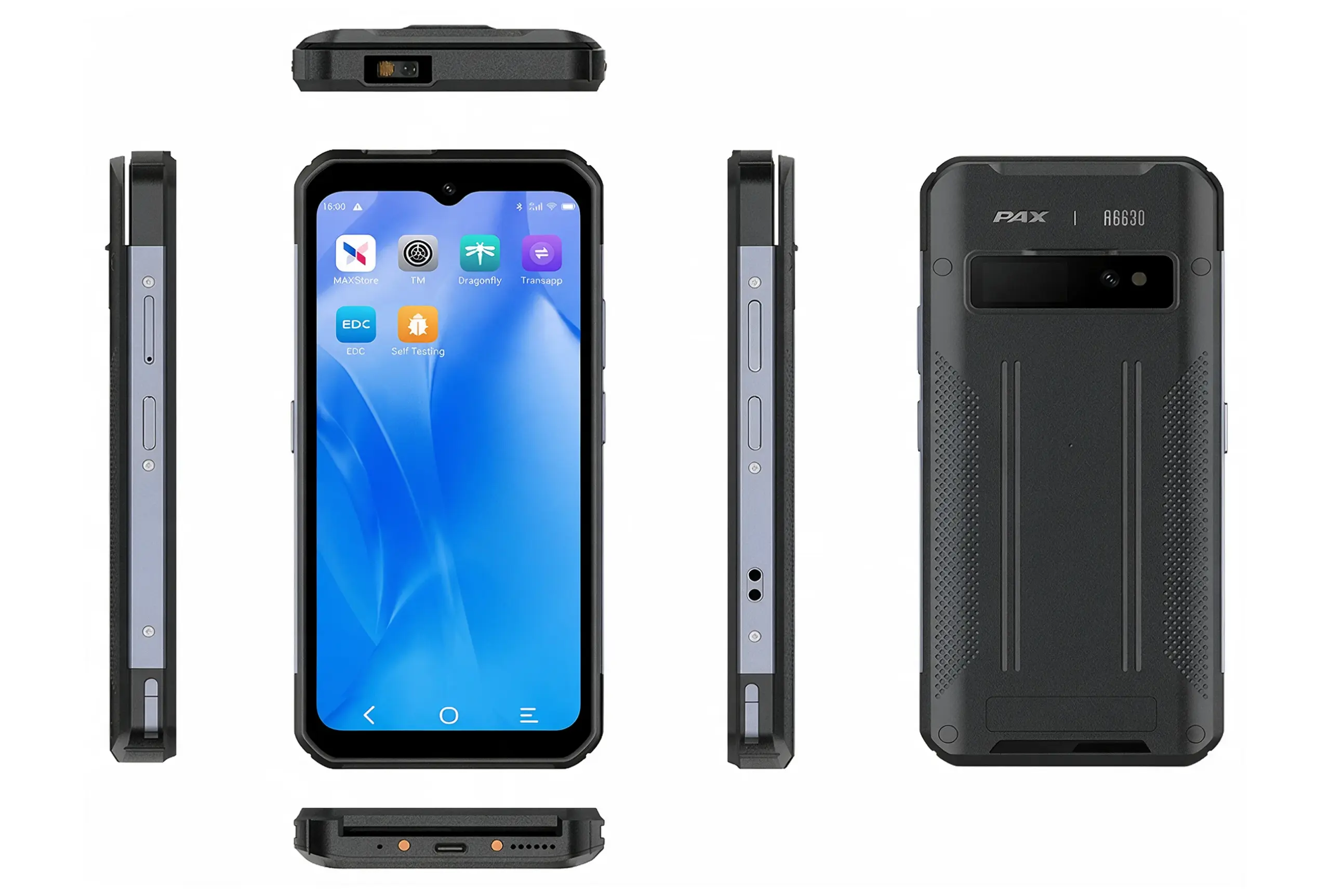 PAX A6630 mobile POS terminal shown from multiple angles highlighting its slim design, ports, scanner, and charging connections