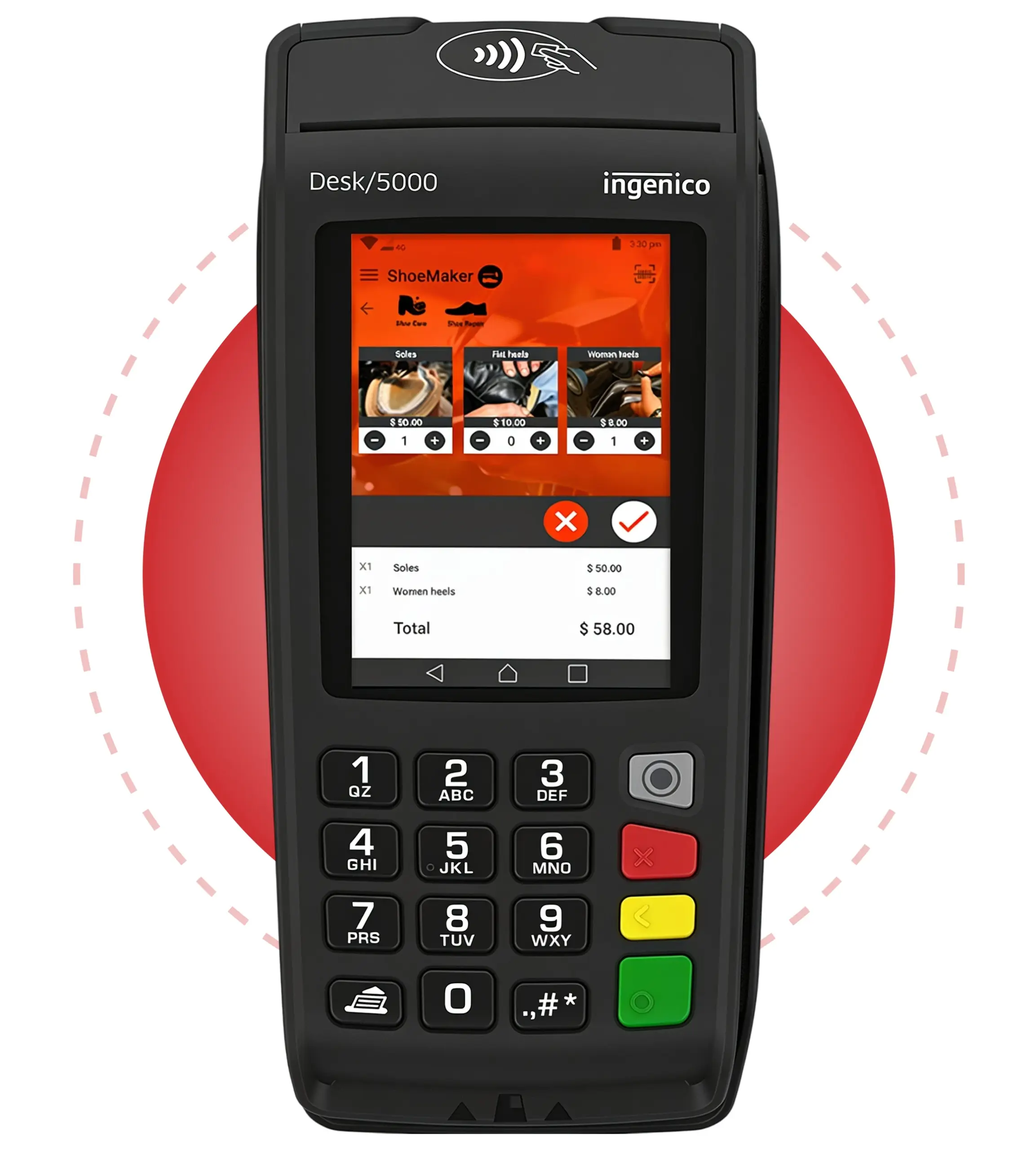 Ingenico Desk 5000 countertop payment terminal supporting credit card sales, refunds, voids, and transaction management