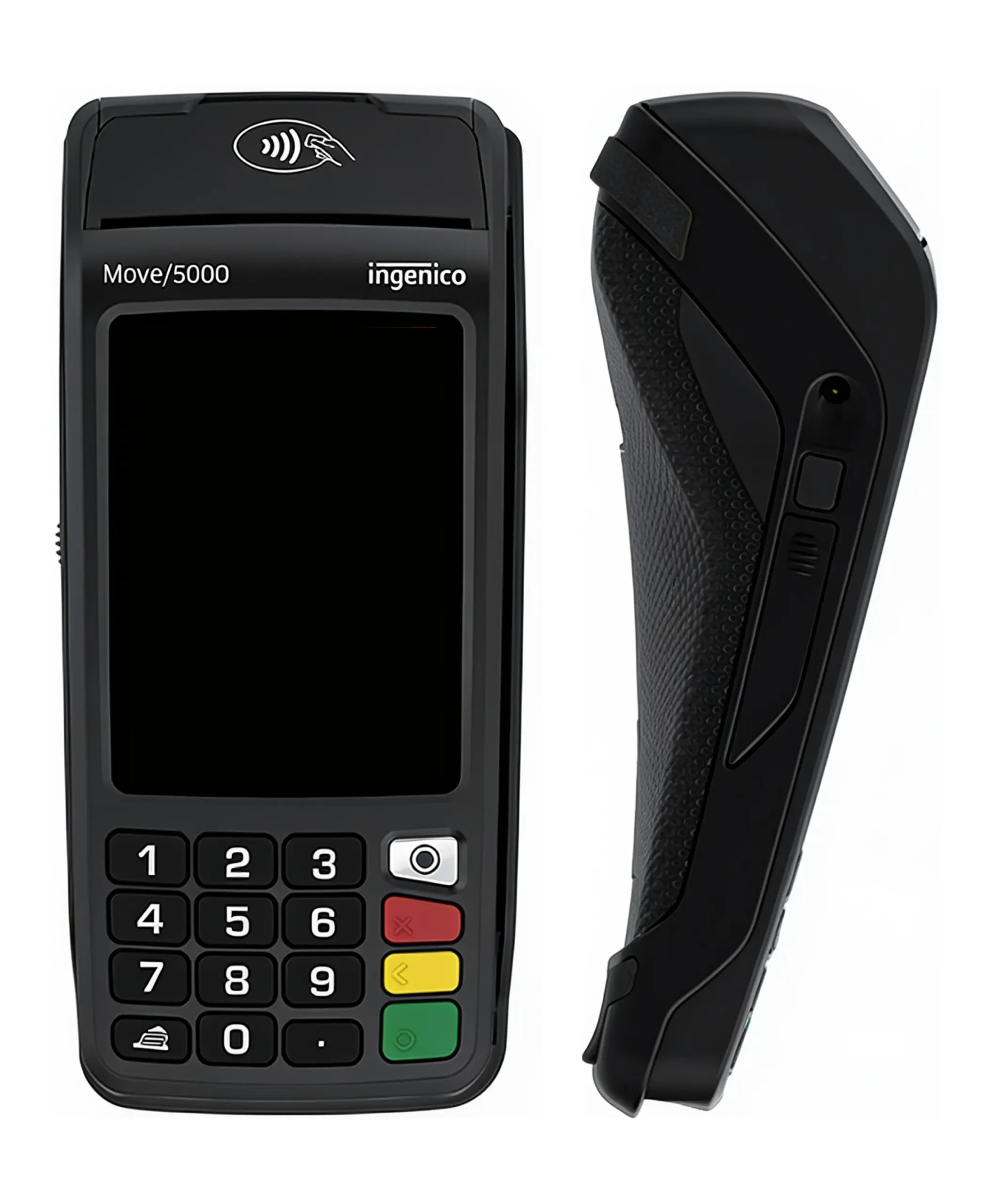Ingenico Move 5000 payment terminal shown from front and side views with touchscreen, keypad, and compact portable design