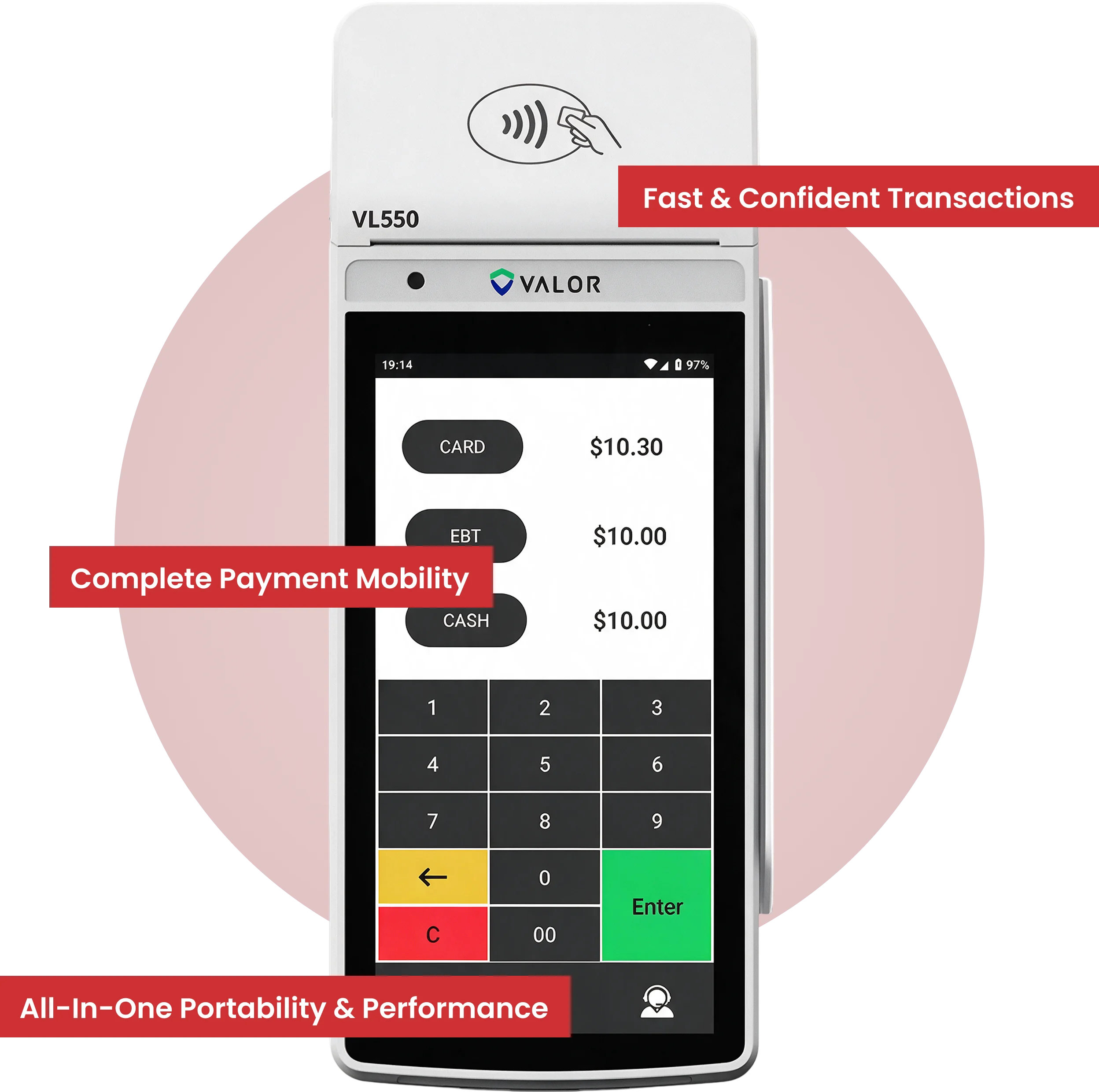 Valor VL550 portable Android POS terminal with 5.5-inch touchscreen and built-in receipt printer