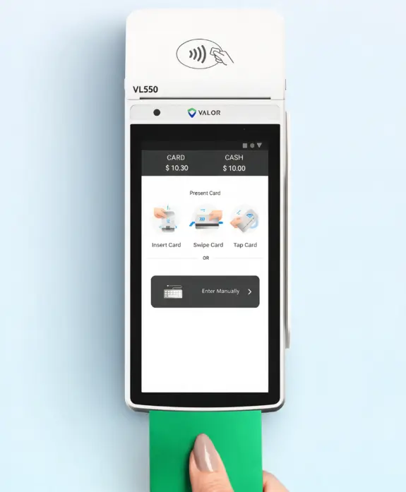 Valor VL550 POS terminal showing card payment options for pre-authorization, ticket transactions, and pre-sale processing