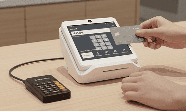Contactless payment terminal with credit card for seamless merchant transactions.