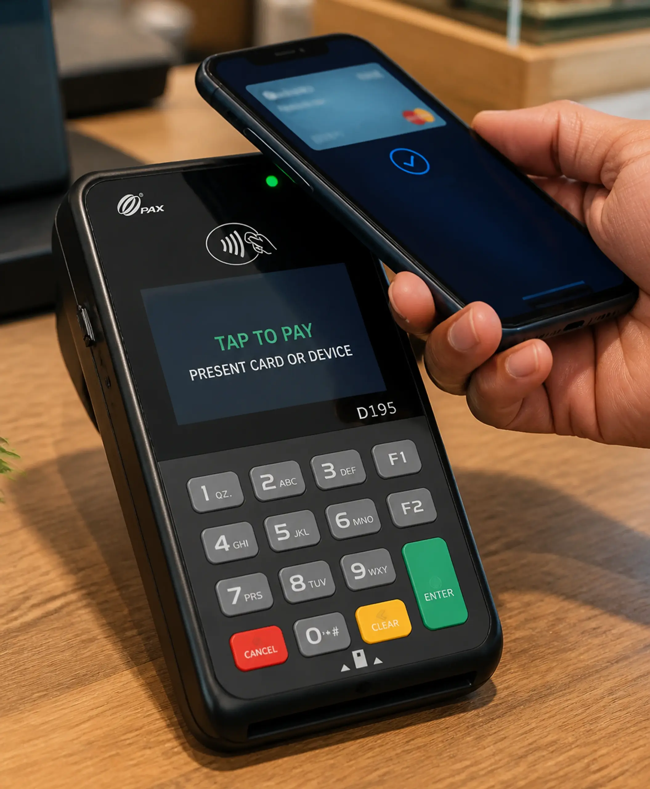 PAX D195 contactless payment terminal accepting a tap-to-pay transaction from a mobile wallet