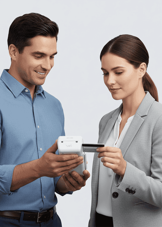 EMV payment transaction using a card reader and mobile device, showcasing merchant payment solutions.