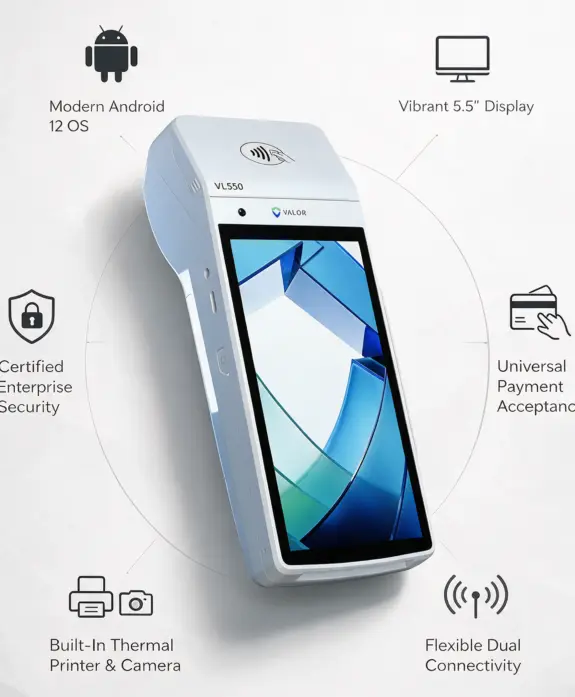 Valor VL550 Android POS terminal highlighting touchscreen, security, payment acceptance, connectivity, printer, and camera