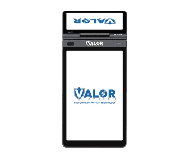 Mobile payment terminal with Valor Paytech logo, secure payment processing device.