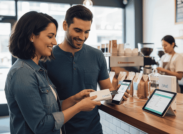 Contactless payment using Host Merchant Services solutions in a coffee shop.