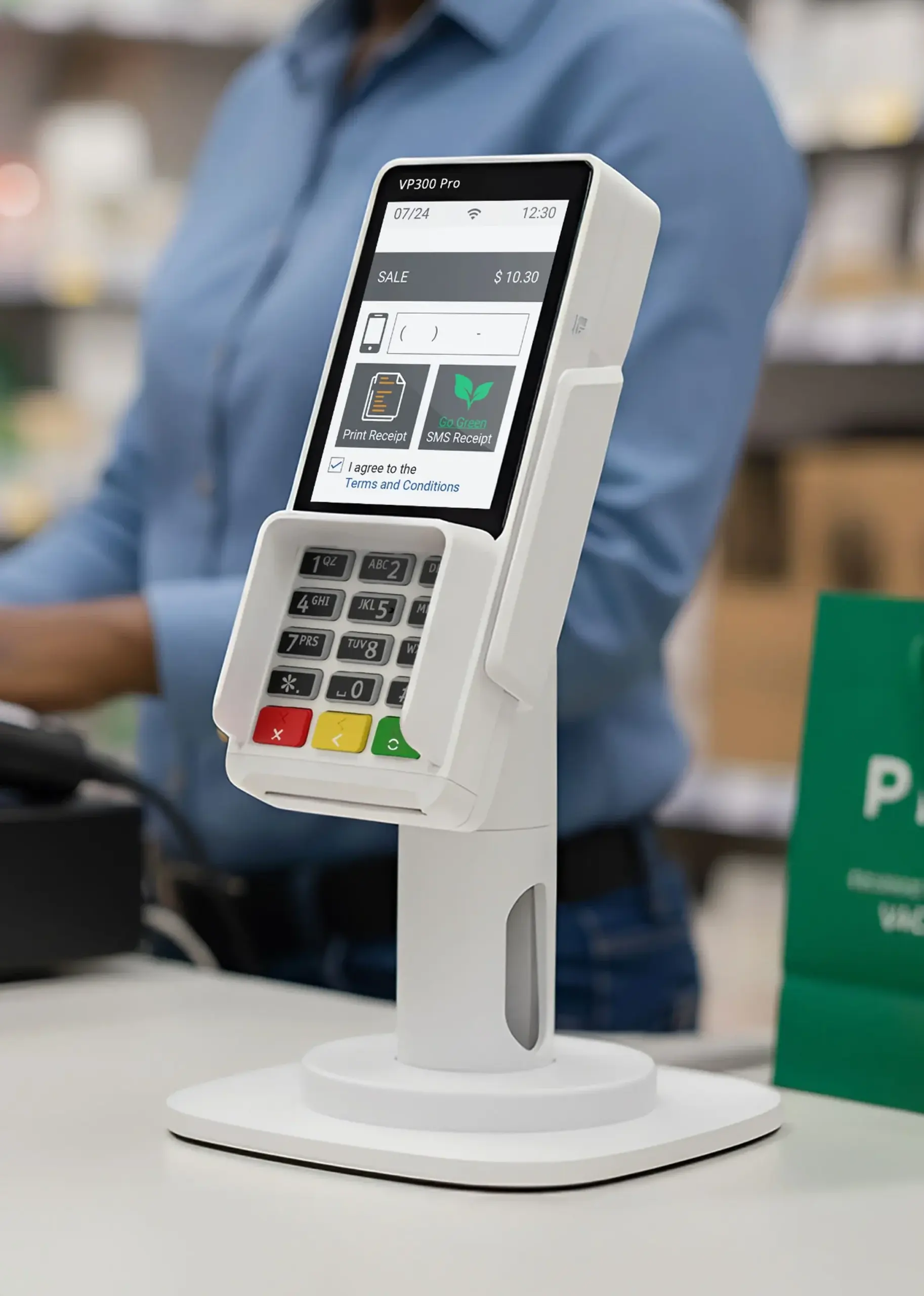 Valor VP300 Pro PIN Pad mounted on a countertop stand displaying payment and receipt options at checkout
