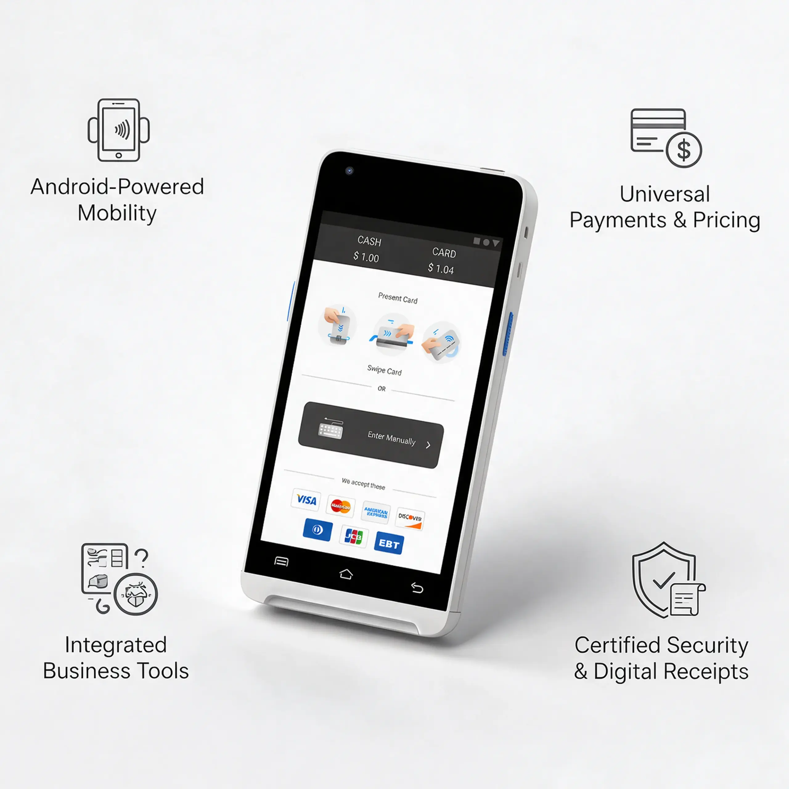 Valor VP550E Android POS terminal highlighting mobility, universal payments, integrated business tools, security, and digital receipts