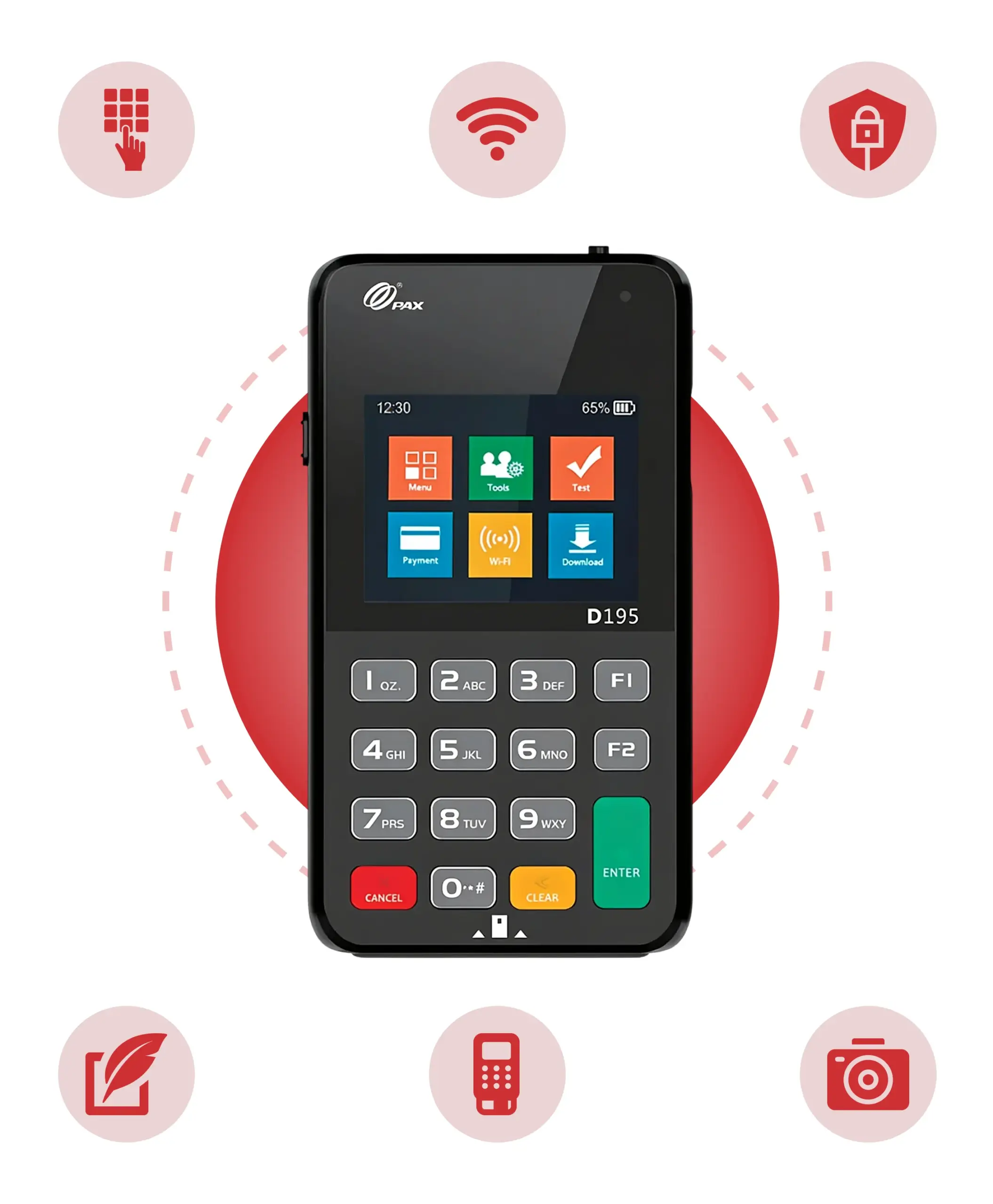 PAX D195 mobile payment terminal with physical keypad, wireless connectivity, security, and camera features