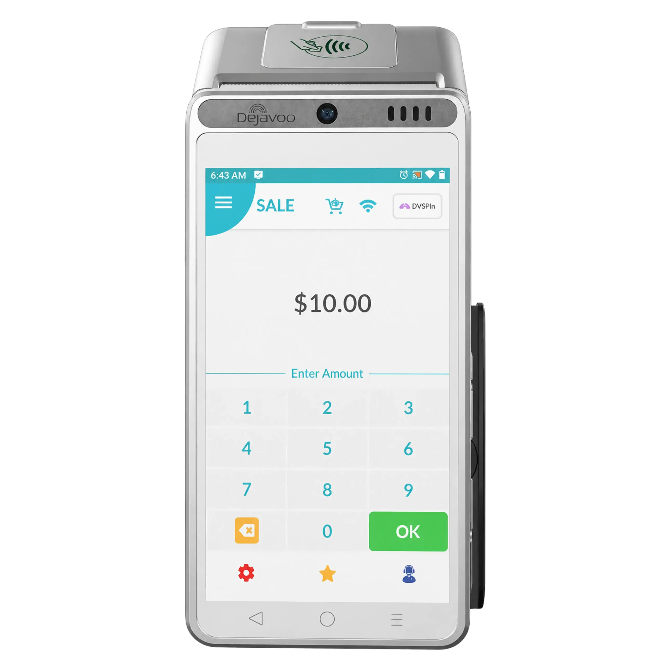 Dejavoo QD4 countertop payment terminal showing display, connectivity, printer, and security specifications