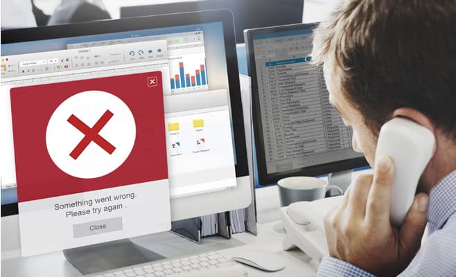 error alert failure icon problem concept Error message on computer screen, business tech troubleshooting, office workspace, digital payment issues.