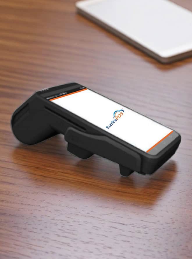 Mobile point of sale device with Sunfire POS logo for Host Merchant Services in retail transactions.