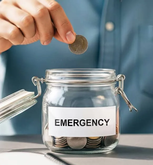 Coins being dropped into a jar labeled "EMERGENCY" for financial savings.