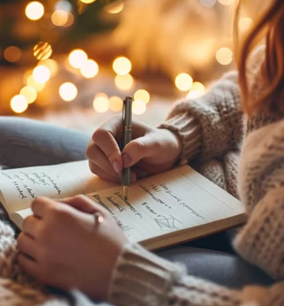 Comfortable woman writing in notebook by Christmas lights, holiday shopping, host merchant services.