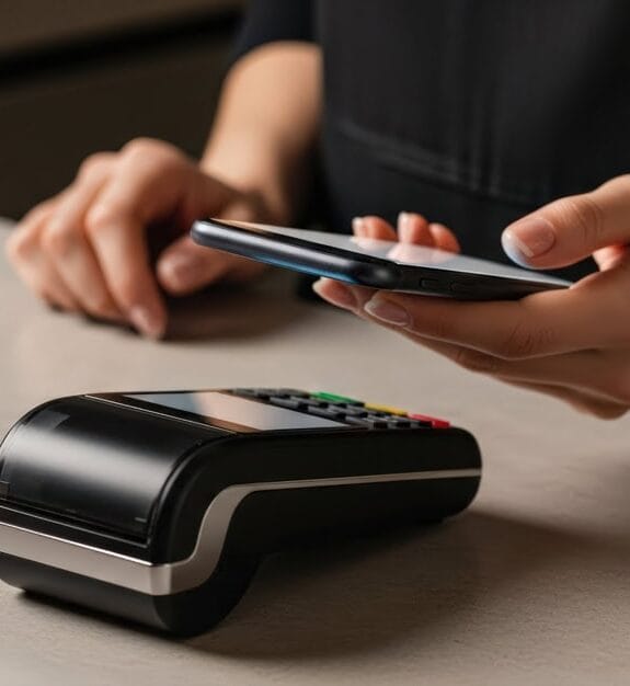 Contactless payment terminal with mobile phone for merchant services.