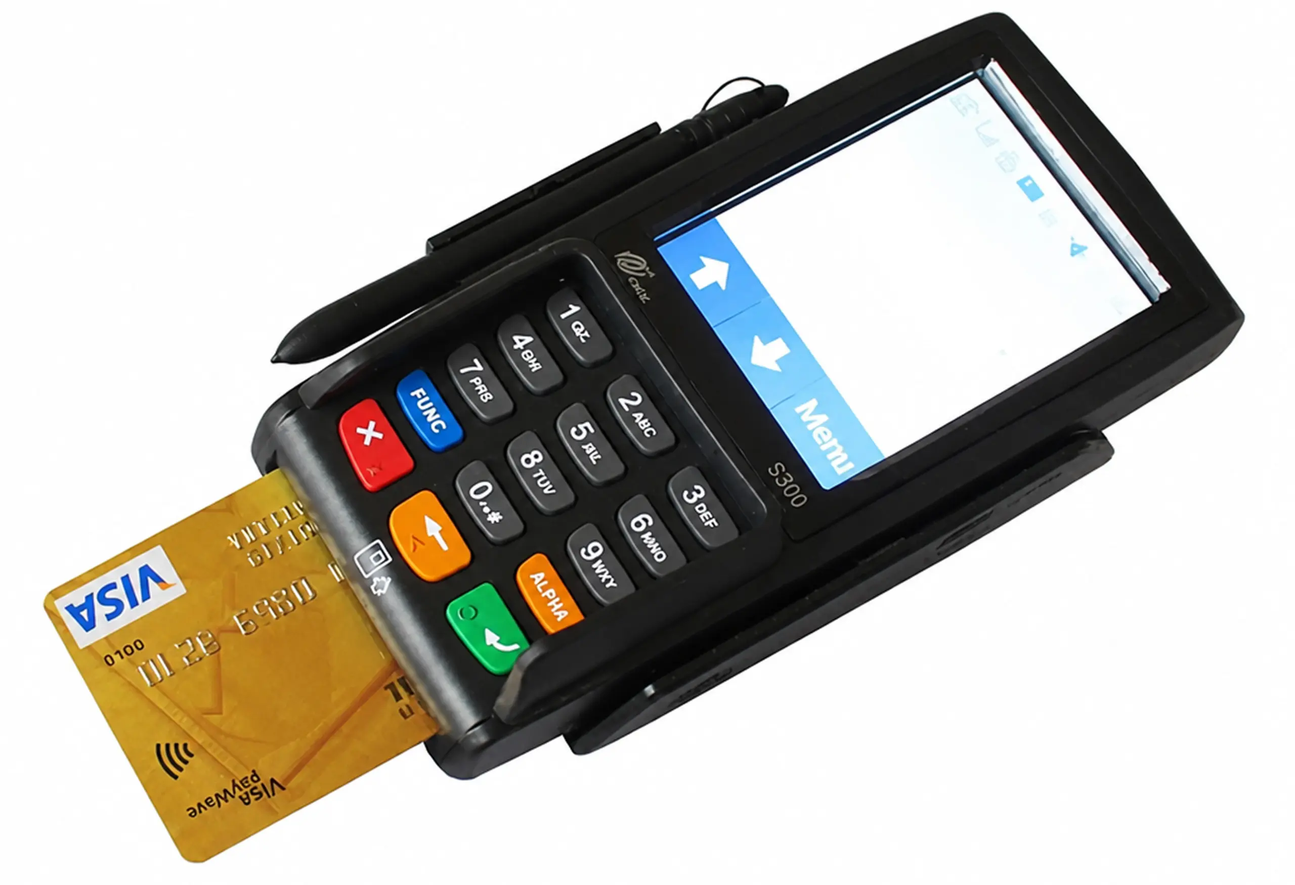 PAX S300 payment terminal displayed at a checkout counter, offering debit, credit, gift, and prepaid payment options for fast, secure, and convenient in-person transactions.