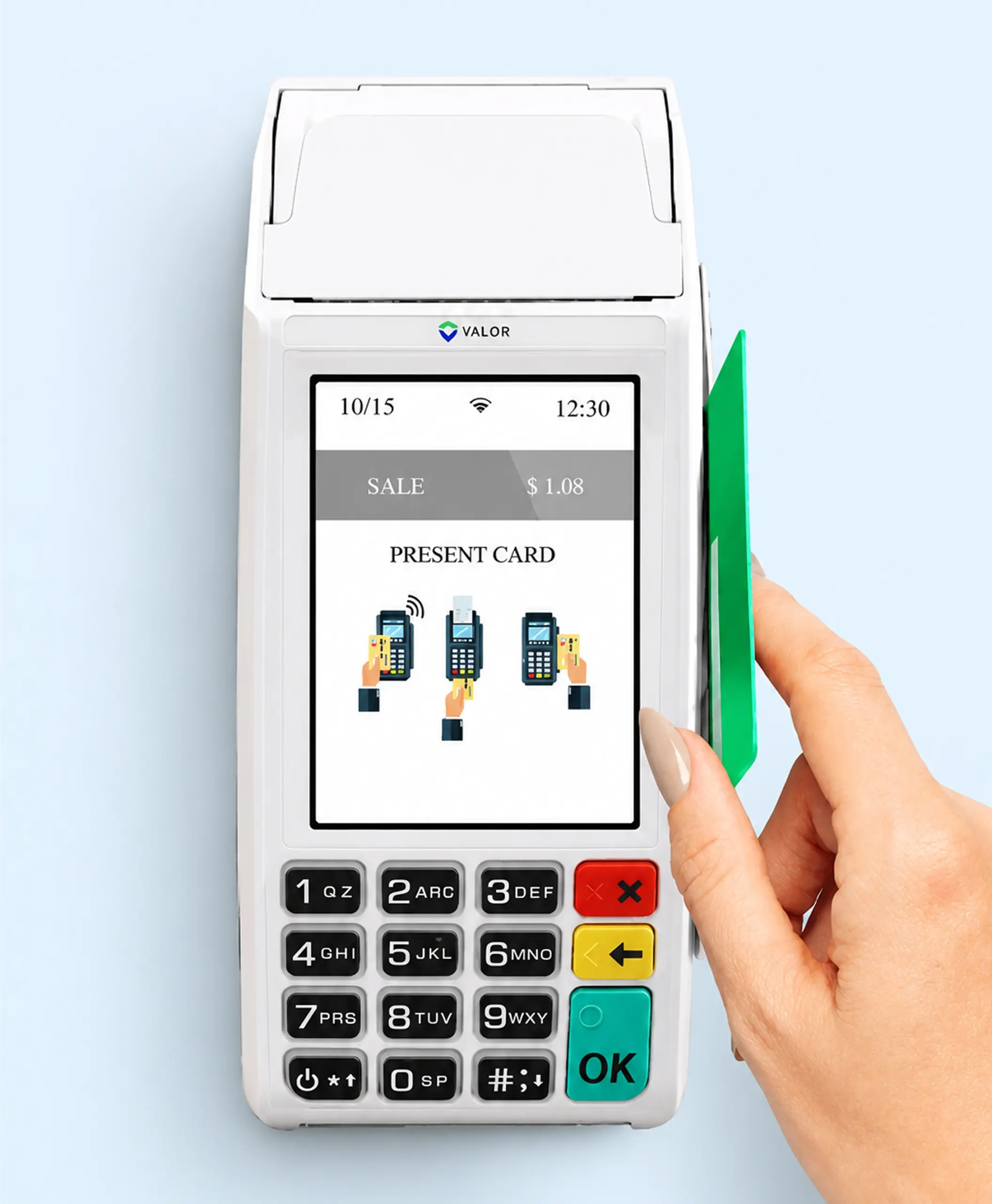 Valor VL110 POS terminal processing a debit card payment securely