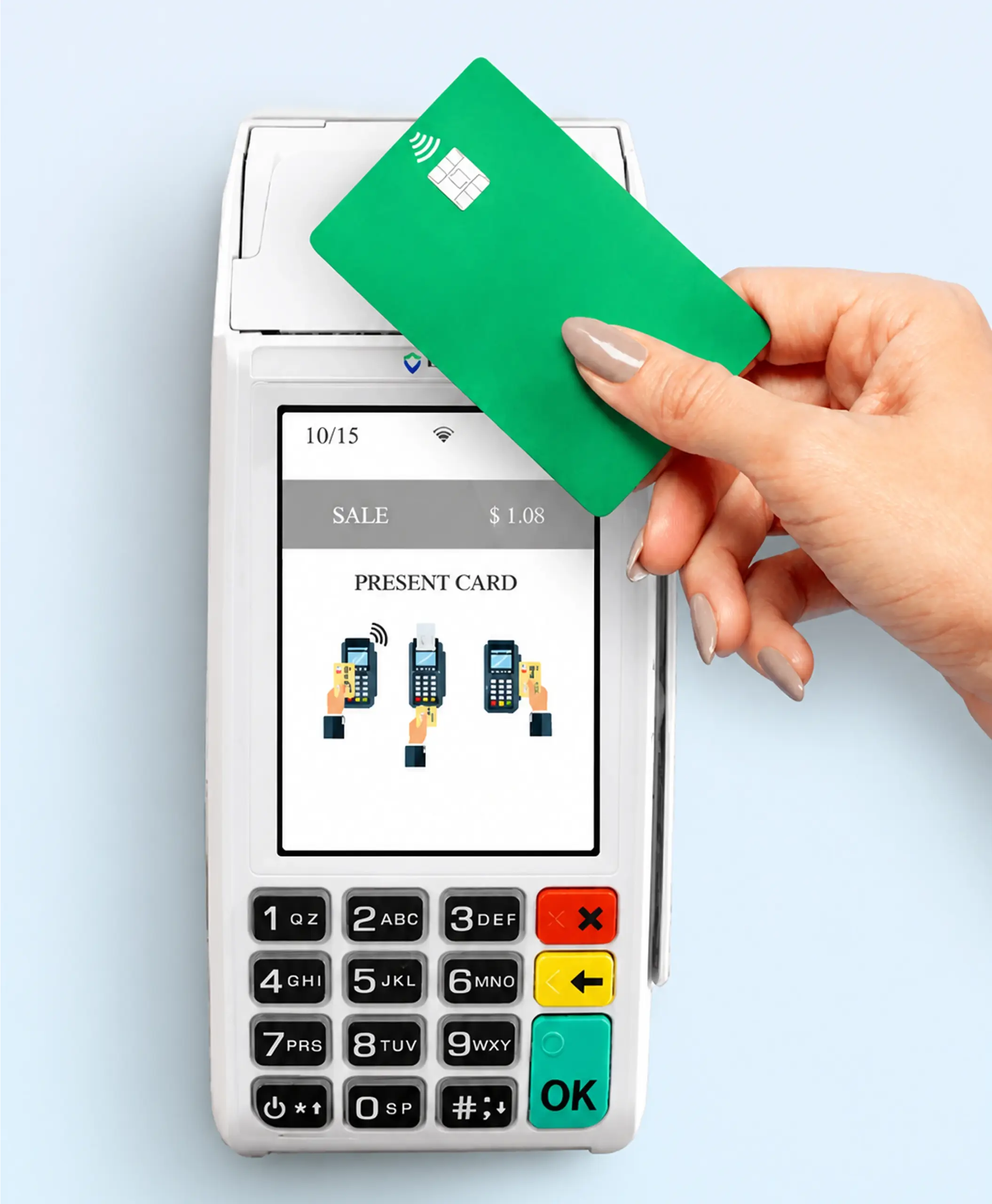 Valor VL110 POS terminal accepting a contactless credit card payment