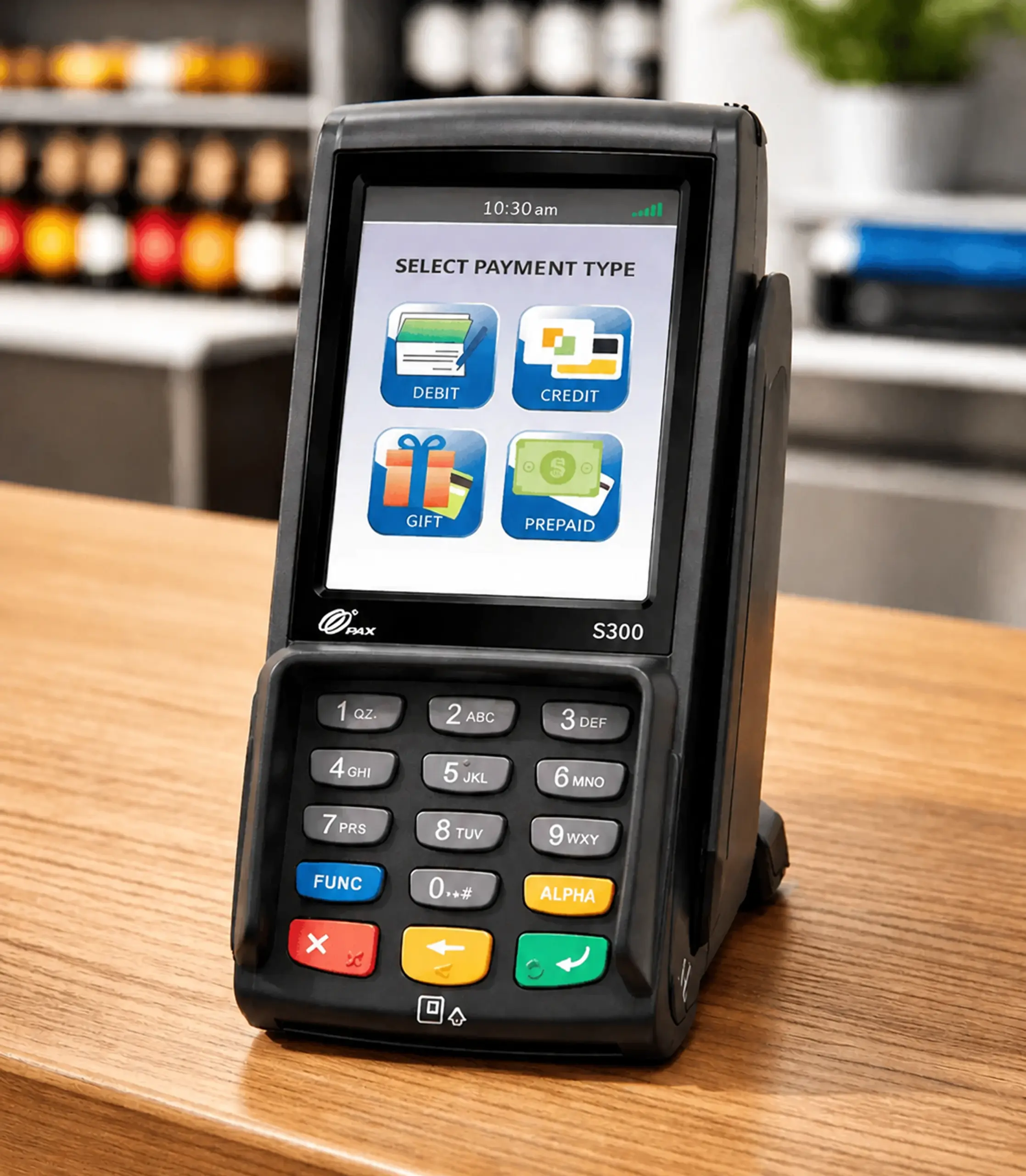 PAX S300 payment terminal displaying debit, credit, gift, and prepaid payment options at checkout
