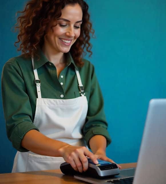 Efficient merchant using payment terminal with laptop for secure transactions at Host Merchant Services.