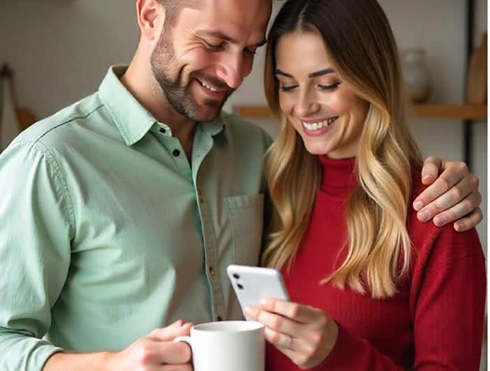 Smart couple using mobile payment app for secure credit card processing at home.