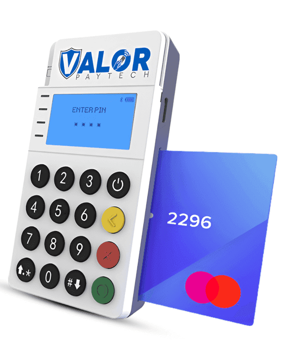 High-tech payment terminal with Valor Paytech logo and Mastercard card for secure transactions.