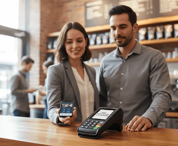 Contactless payment processing with Host Merchant Services at a coffee shop.
