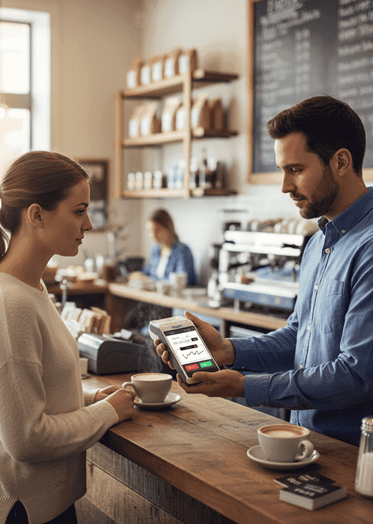 Mobile payment processing at coffee shop.