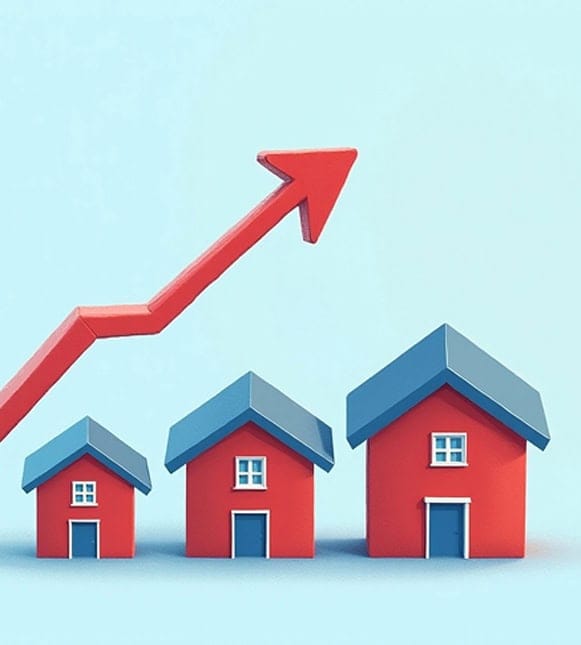 1. Small red houses with upward arrow symbolizing growth in merchant services.
