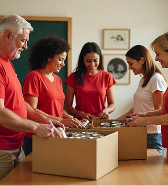 Clothing donation volunteers organizing apparel for charity event.