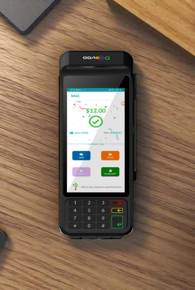 Portable e-commerce payment device for secure transaction processing and credit card acceptance.