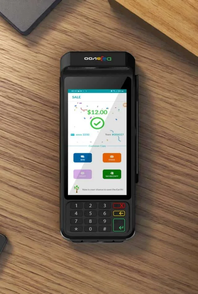 Portable e-commerce payment device for secure transaction processing and credit card acceptance.