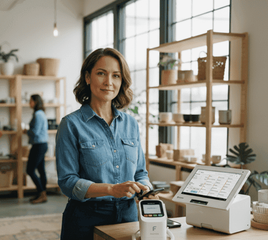Contactless payment processing at small business; seamless payment solutions for retail outlets.