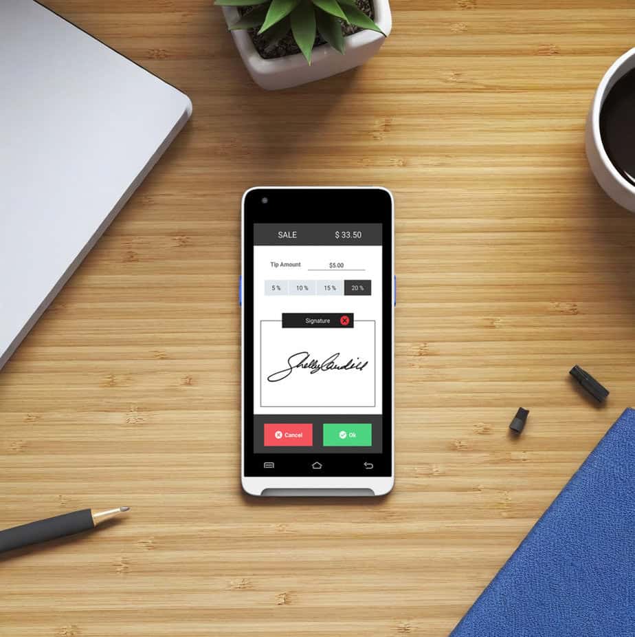 Mobile payment transaction with signature on a smartphone screen for Host Merchant Services.