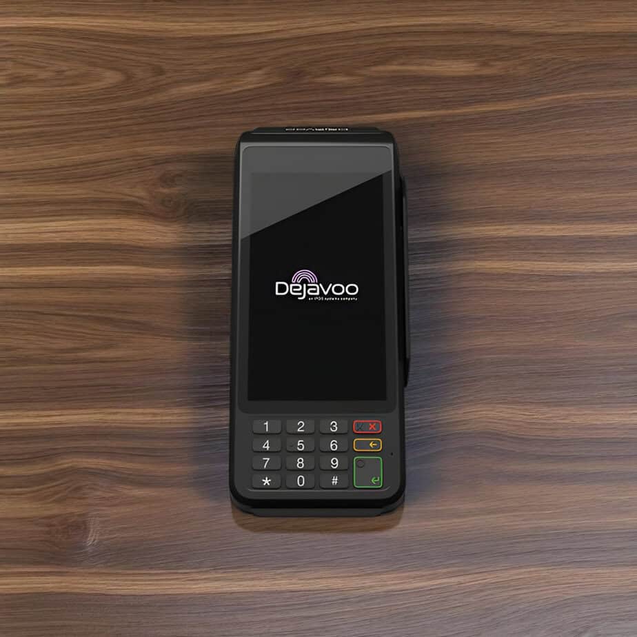 Contactless payment terminal with Dejavoo logo, ideal for restaurant & retail payment processing.