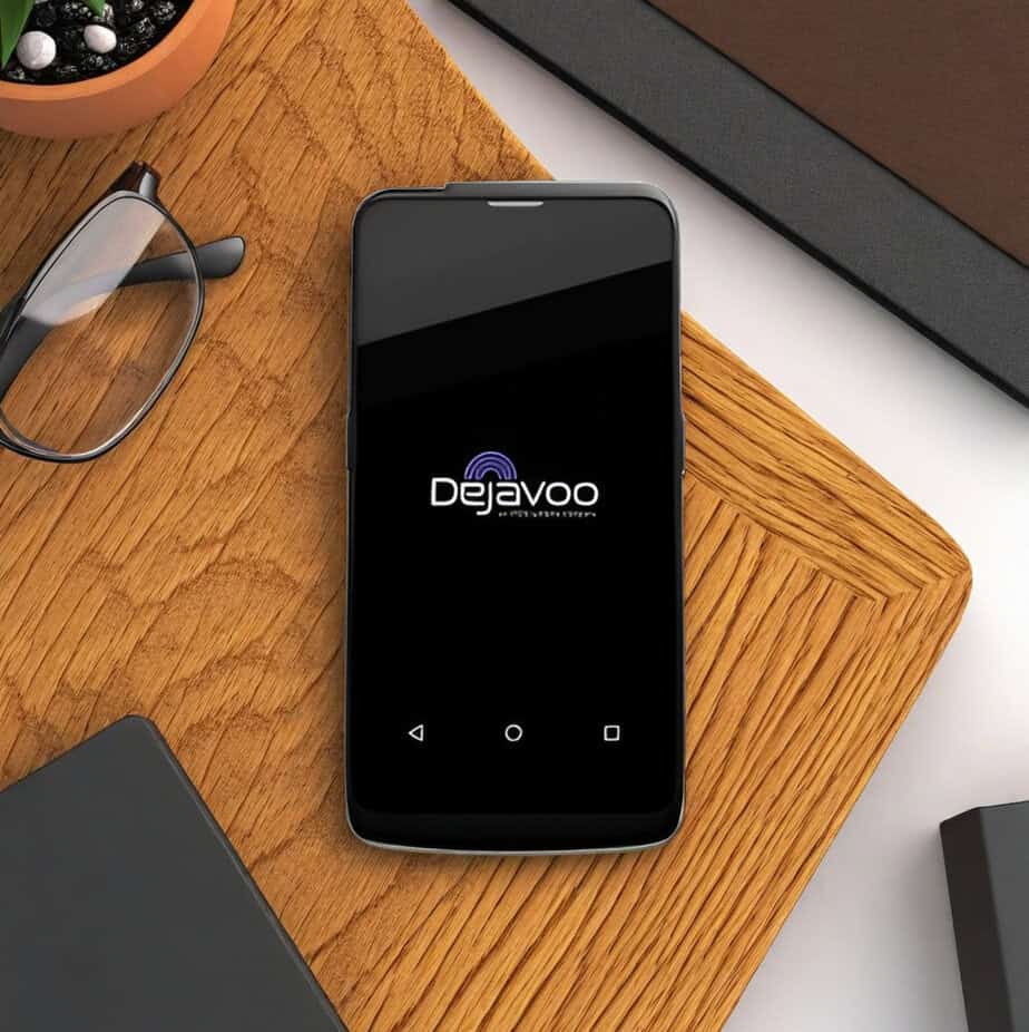 Dejavoo mobile payment device on wooden desk for Host Merchant Services.