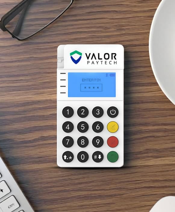 Secure payment terminal with Valor Paytech logo for Host Merchant Services.