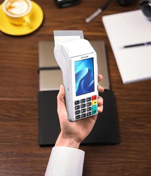 Mobile credit card payment terminal with Host Merchant Services branding.