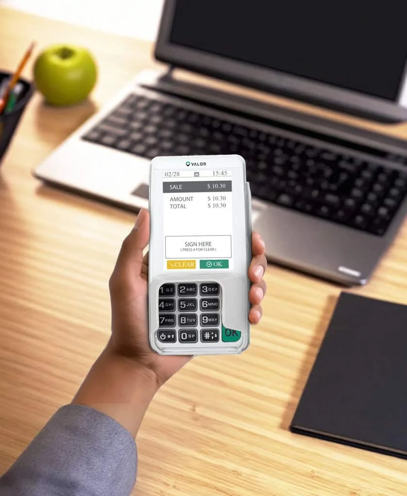 Mobile payment terminal processing a credit card transaction for Host Merchant Services.
