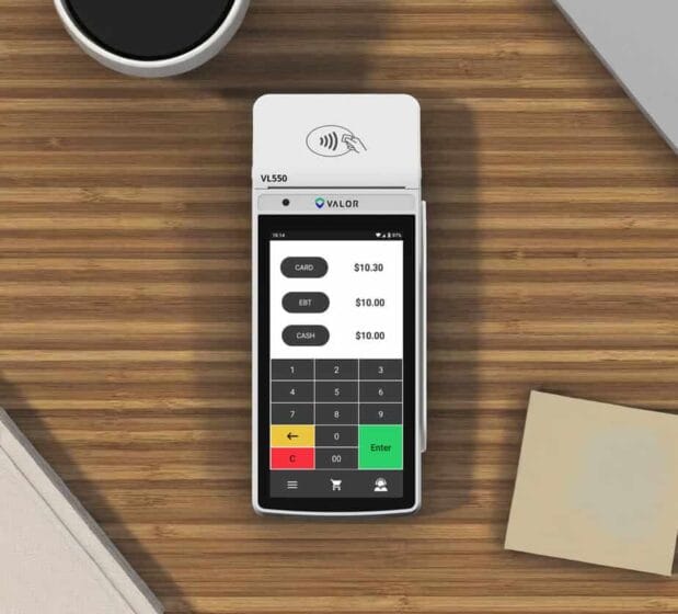 Contactless payment terminal for merchant processing solutions.