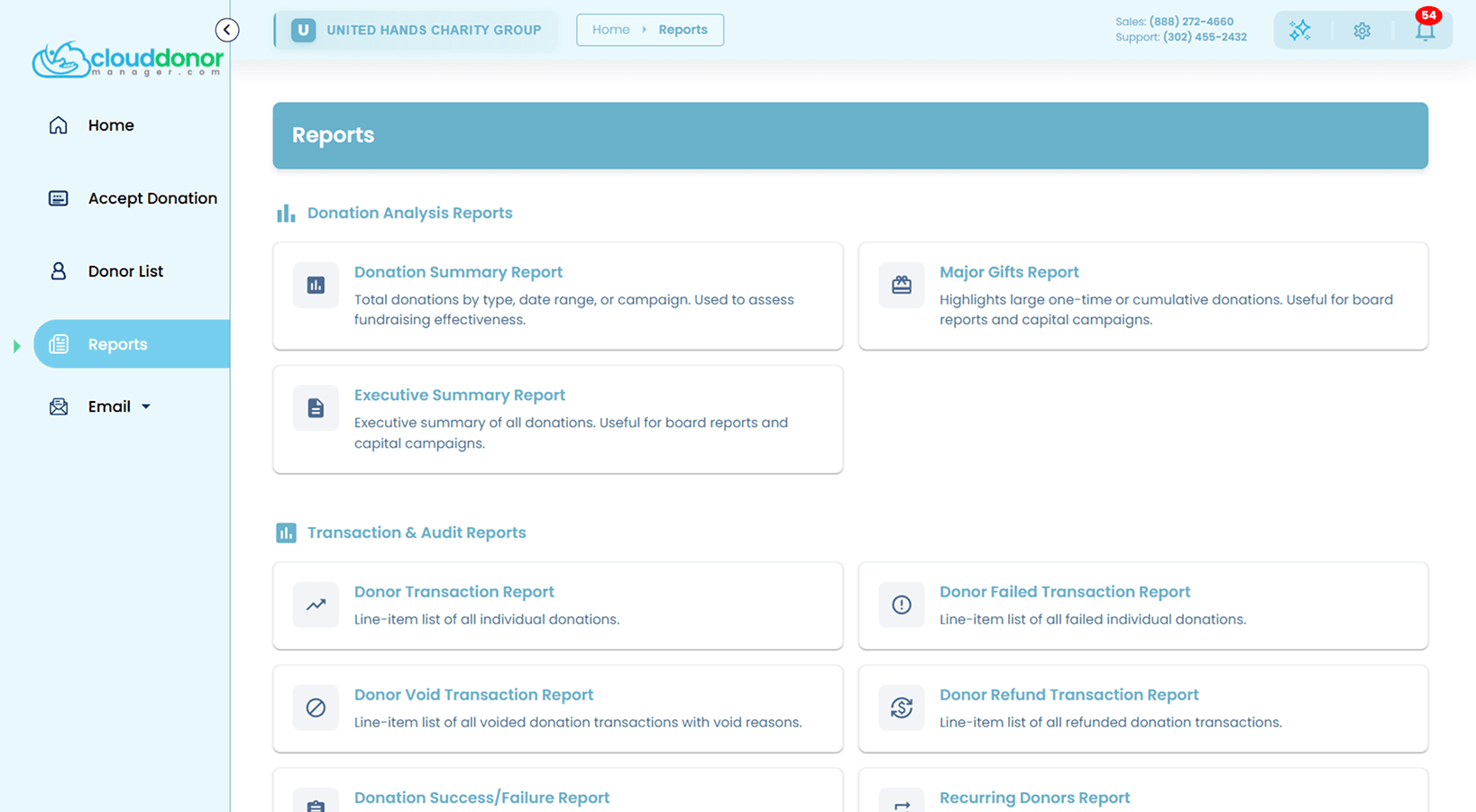 Donation and donor management reporting for Host Merchant Services.