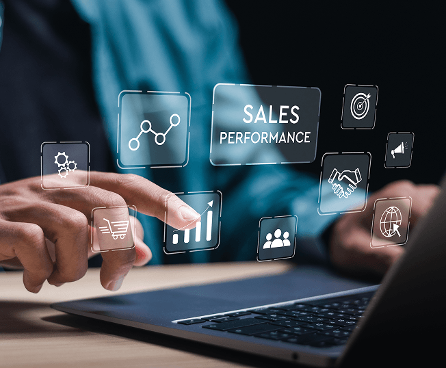 Digital sales and marketing analytics interface with sales performance icons for business growth.